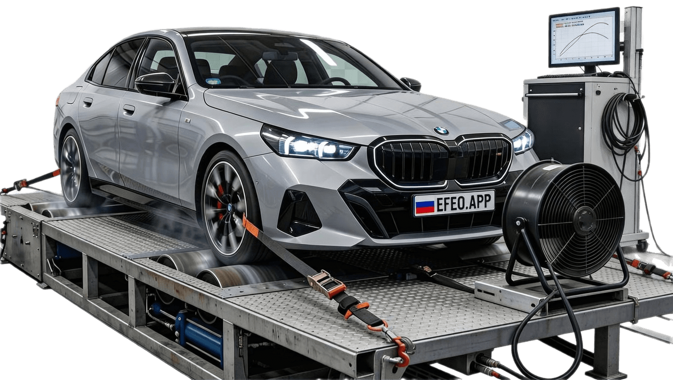 Автомобиль BMW 5 серии на диностенде для чип-тюнинга